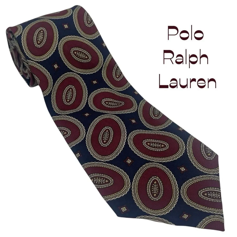 Polo Ralph Lauren Navy Burgundy Gold Medallion Luxury Necktie